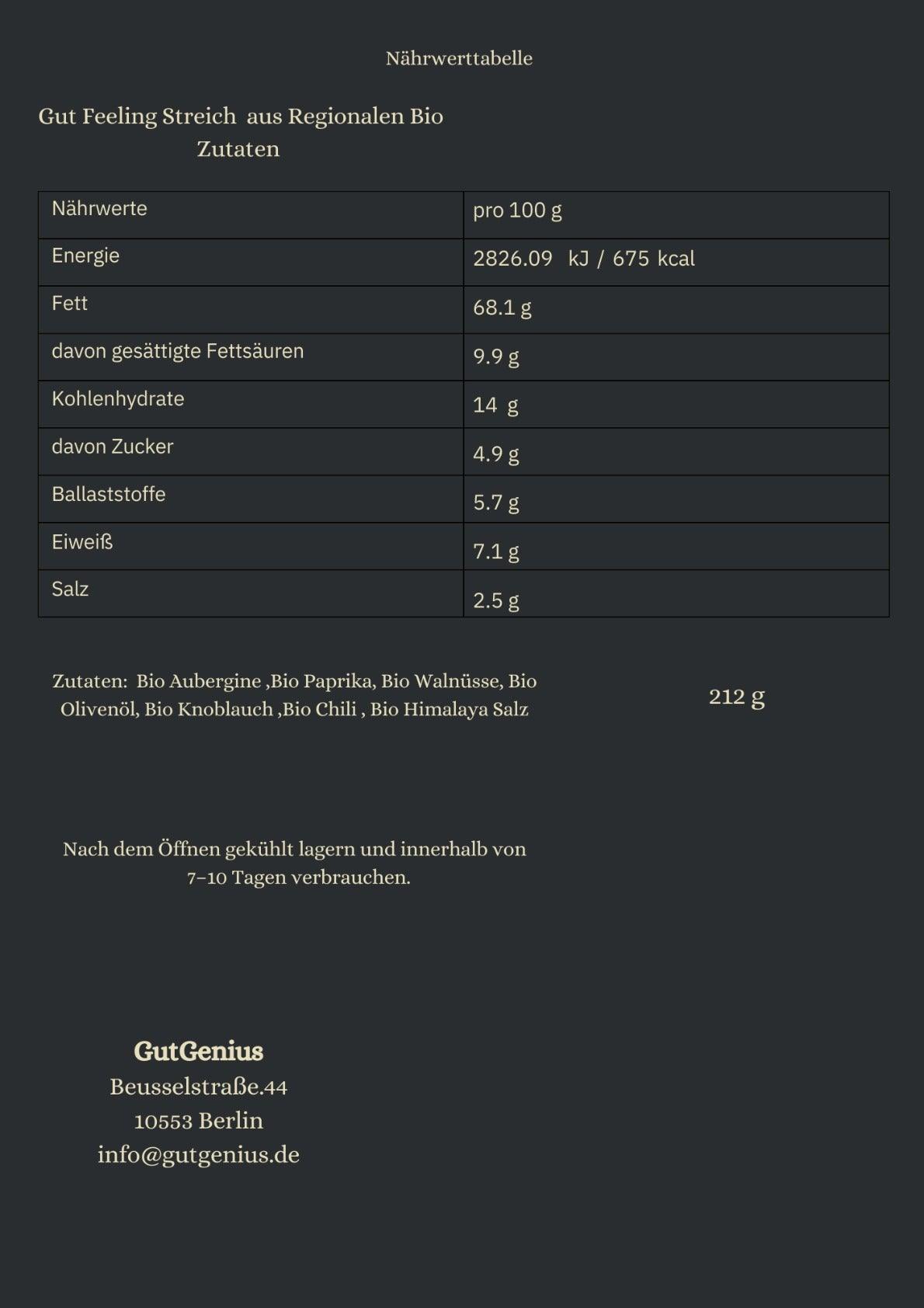 Nährwerttabelle des Bio-Gut Feeling Streichs – ballaststoffreich, pflanzliche Omega-3-Fettsäuren, Antioxidantien und gesunde Fette, unterstützt Mikrobiom und Verdauung.
