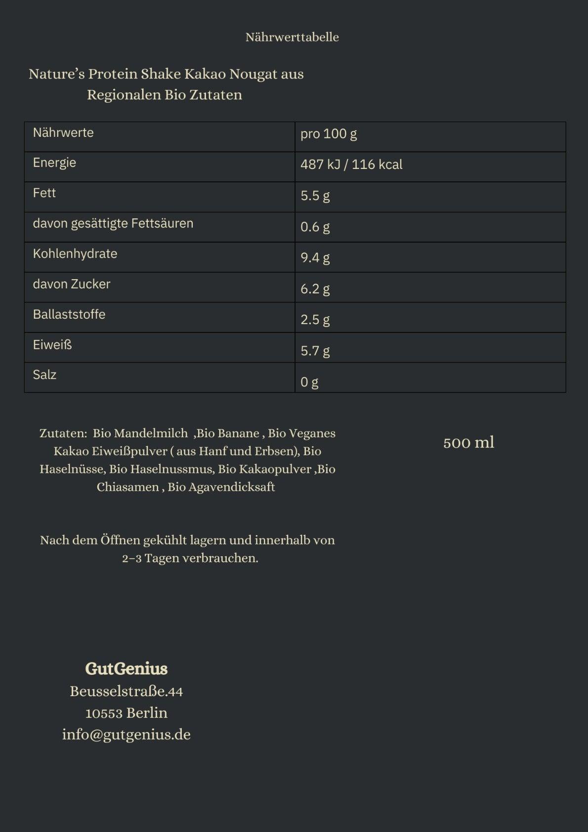 Nährwerttabelle des Nature’s Protein Shake Kakao Nougat – 30g pflanzliches Protein pro Flasche, ballaststoffreich, Omega-3-haltig, unterstützt Muskelaufbau, Energieversorgung und Darmgesundheit.