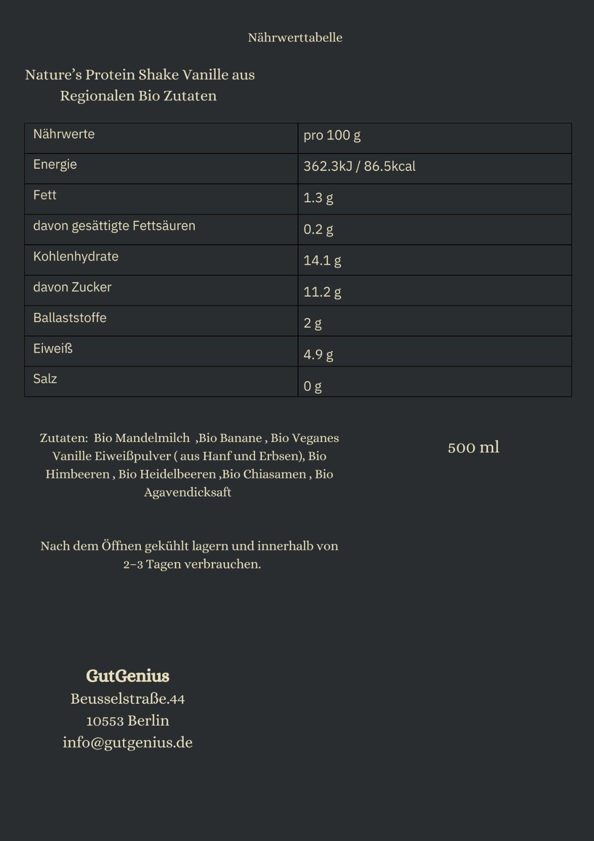 Nährwerttabelle des Nature’s Protein Shake Vanille – 25g pflanzliches Protein pro Flasche, ballaststoffreich, reich an Omega-3 und natürlichen Antioxidantien, unterstützt Muskelaufbau und Darmgesundheit.