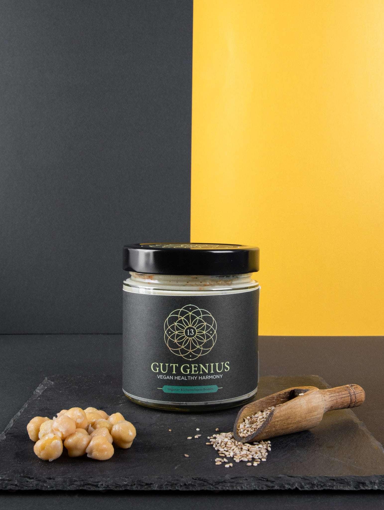 Bio Kichererbsen-Sesam-Aufstrich – 100% pflanzlich, vegan, ohne künstliche Zusätze, reich an präbiotischen Ballaststoffen, pflanzlichem Protein und gesunden Fetten für eine gesunde Darmflora und ausgewogene Ernährung.