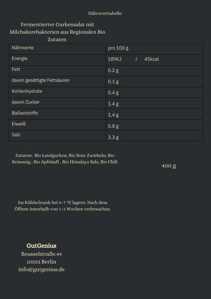 Nährwerttabelle des Bio-Fermentierten Gurkensalats – kalorienarm, ballaststoffreich, probiotisch aktiv mit Milchsäurebakterien, unterstützt Darmflora, Verdauung und Immunsystem.
