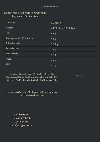 Nährwerttabelle der Bio-Kichererbsen-Auberginen-Creme – pflanzliche Eiweißquelle, ballaststoffreich, mit probiotischen Kulturen und gesunden Fetten, ideal für Darmgesundheit und eine ausgewogene pflanzliche Ernährung.